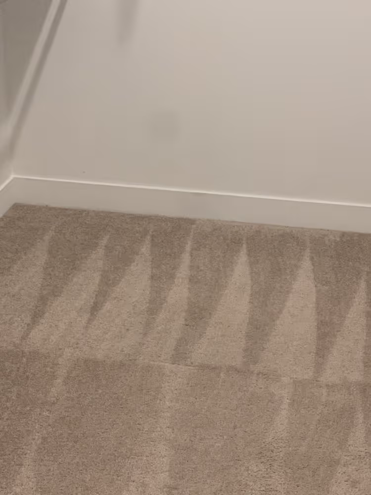 Light brown carpet with triangular vacuum cleaning patterns next to a plain white wall and baseboard.