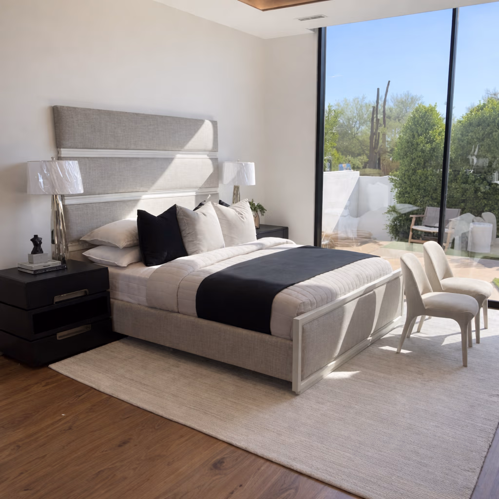 Modern bedroom with a gray upholstered bed, black pillows, nightstands, and large window overlooking greenery.