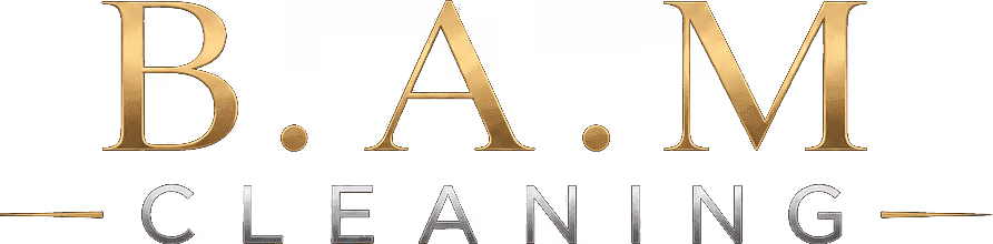 B.A.M Cleaning logo with gold and silver text on a transparent background.